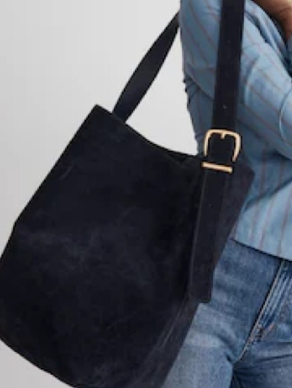 Madewell The Essential Black  Suede Everyday Bucket Tote Nwt - Picture 4 of 11